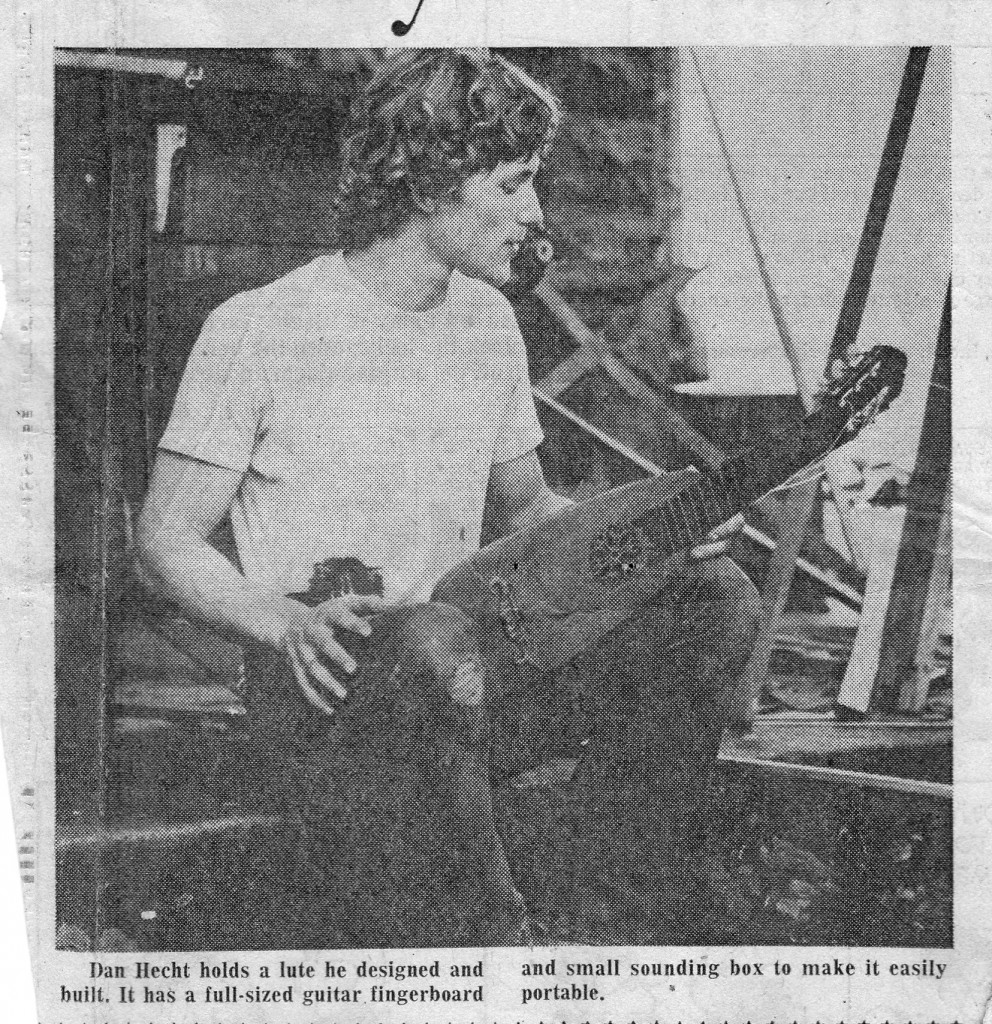Myself with a small lute I'd built, on the porch of the "yoga farm," during Moondog's visit.