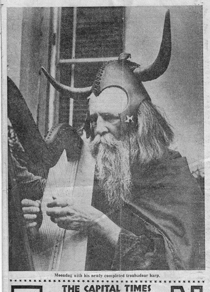 Moondog playing the harp we built, from an article the Capital Times newspaper.